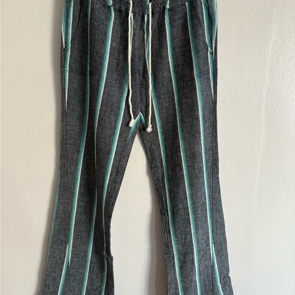 Roxy Oceanside Yarn Linen Cotton Blend Gray Striped Wide Leg Pants Medium - Picture 3 of 14